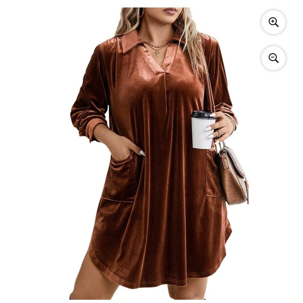 Velvet Tunic Dress Sz Medium Coffee Brown Womens Stretch Knee Length Pockets NWT